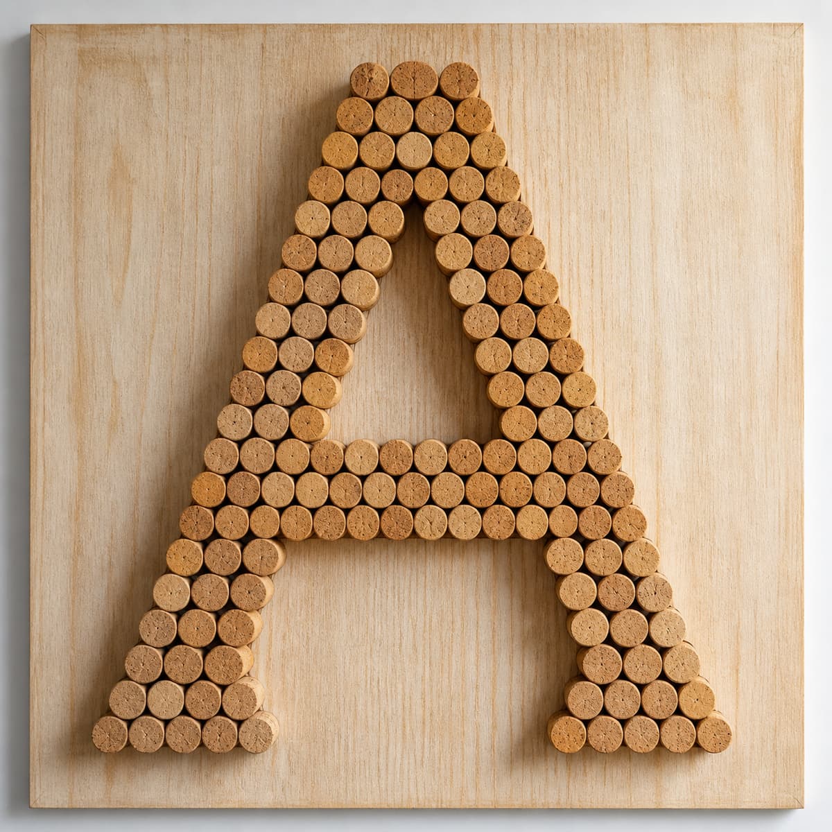 Une grande initiale décorative composée de bouchons de liège, fixée sur une planche en bois clair dans un intérieur épuré.