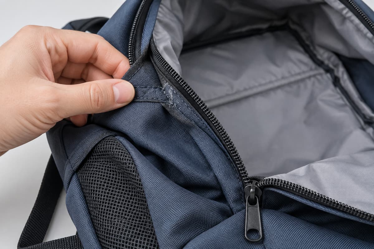 Sac à dos vide posé à plat, une main écarte délicatement le tissu près d’une couture et d’une fermeture sous un éclairage clair.