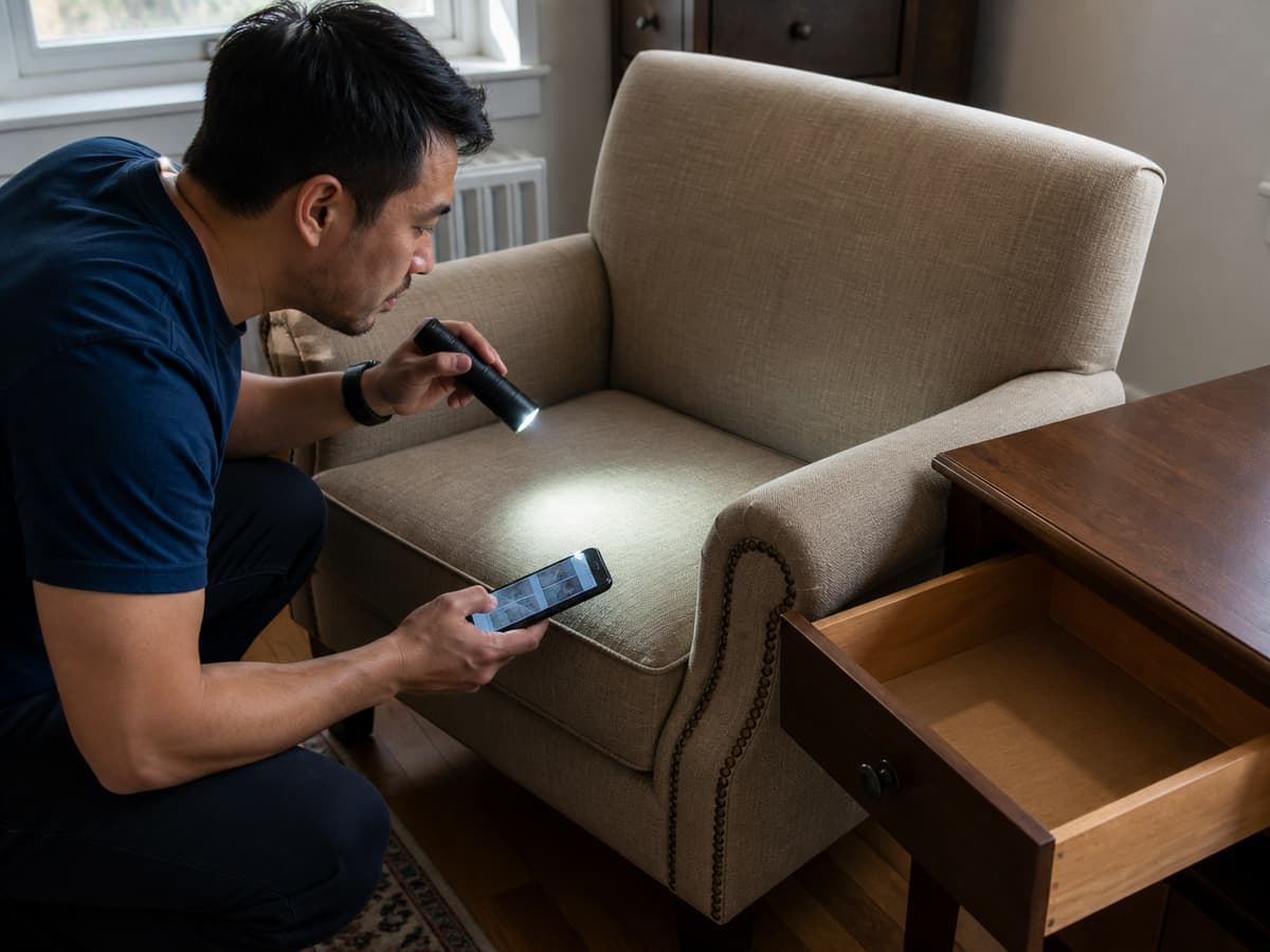 Une personne inspecte un fauteuil d’occasion et l’intérieur d’un tiroir à l’aide d’une lampe de poche, un smartphone affichant des photos floues à proximité.