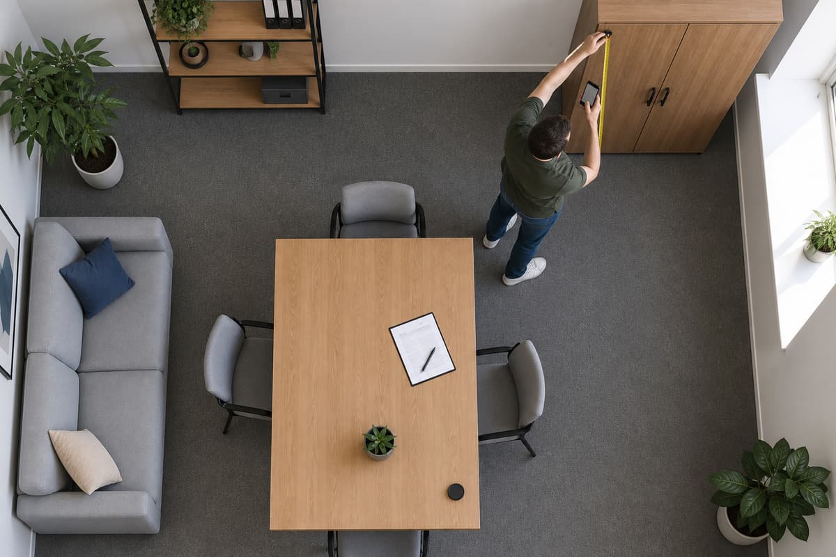 Vue en plongée d'un espace de bureau avec un canapé, une table, des chaises, une étagère, une armoire et un employé mesurant un meuble, une feuille d'inventaire illisible posée sur la table.