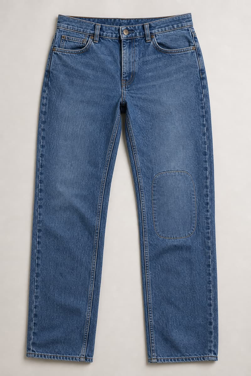 Jean en denim bleu posé à plat, avec un renfort souple cousu au niveau du genou, une poche et un passant visibles.