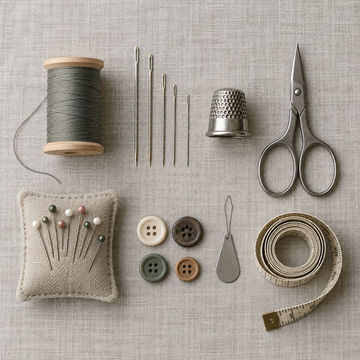 Un nécessaire de couture disposé sur une surface neutre avec une bobine de fil, des aiguilles, un dé à coudre, des ciseaux, des épingles et un ruban de mesure.