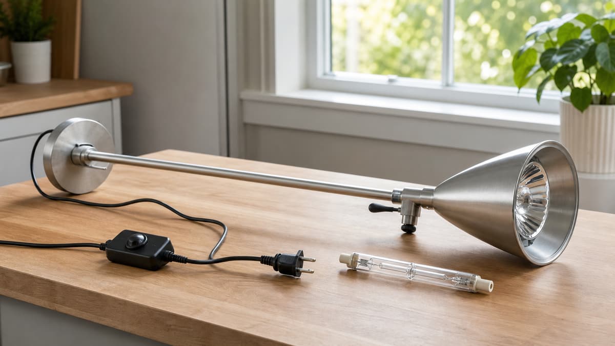 Lampadaire halogène débranché posé sur un établi propre, ampoule linéaire retirée, cordon avec boîtier de commande apparent.