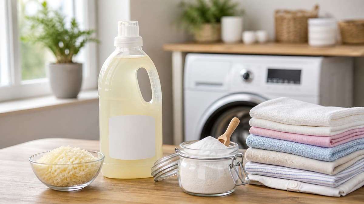 Bouteille de lessive maison à côté de savon de Marseille râpé, de bicarbonate et de linge propre plié, devant un lave-linge en arrière-plan.