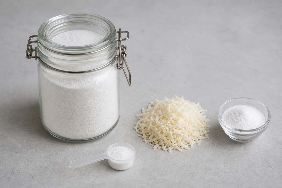 Bocal hermétique en verre rempli de lessive en poudre maison, accompagné d'une cuillère doseuse, de savon finement râpé et d'un petit bol de bicarbonate sur une surface claire.