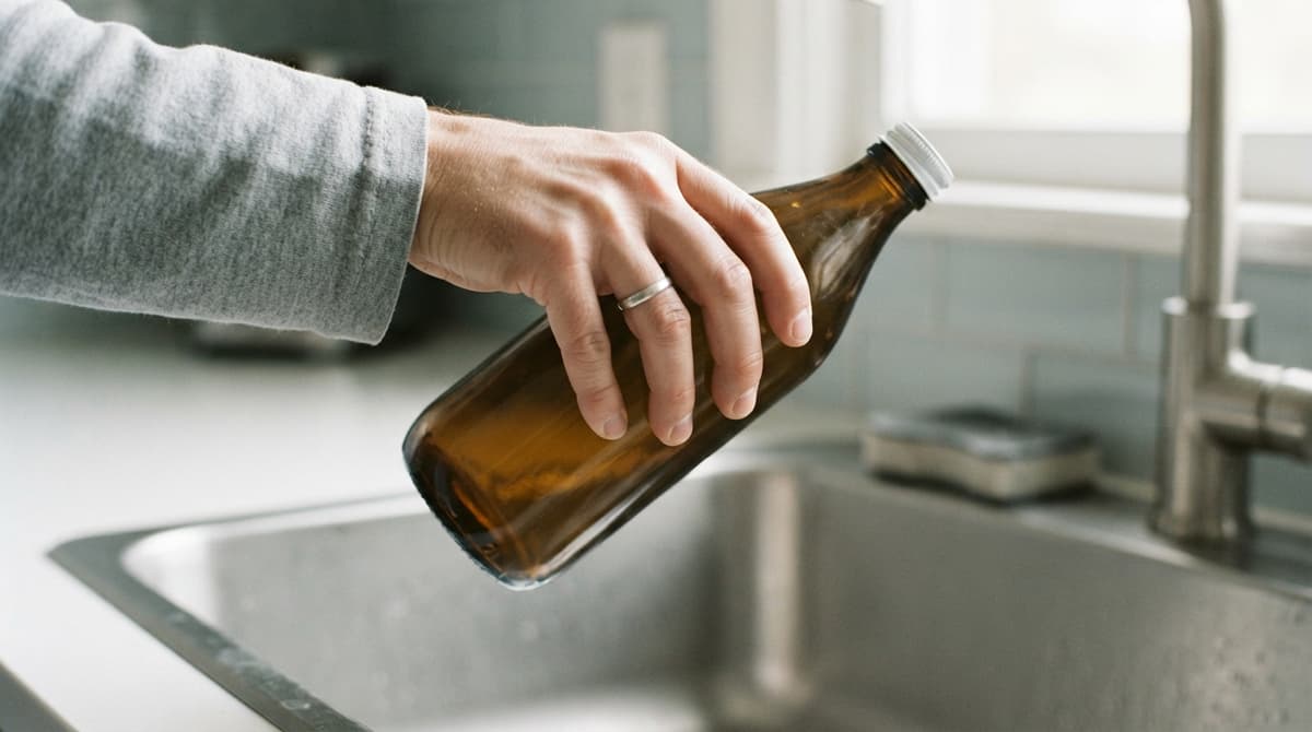 Main tenant un flacon de sirop incliné au-dessus d'un évier de cuisine, le geste suspendu avant de verser le liquide.