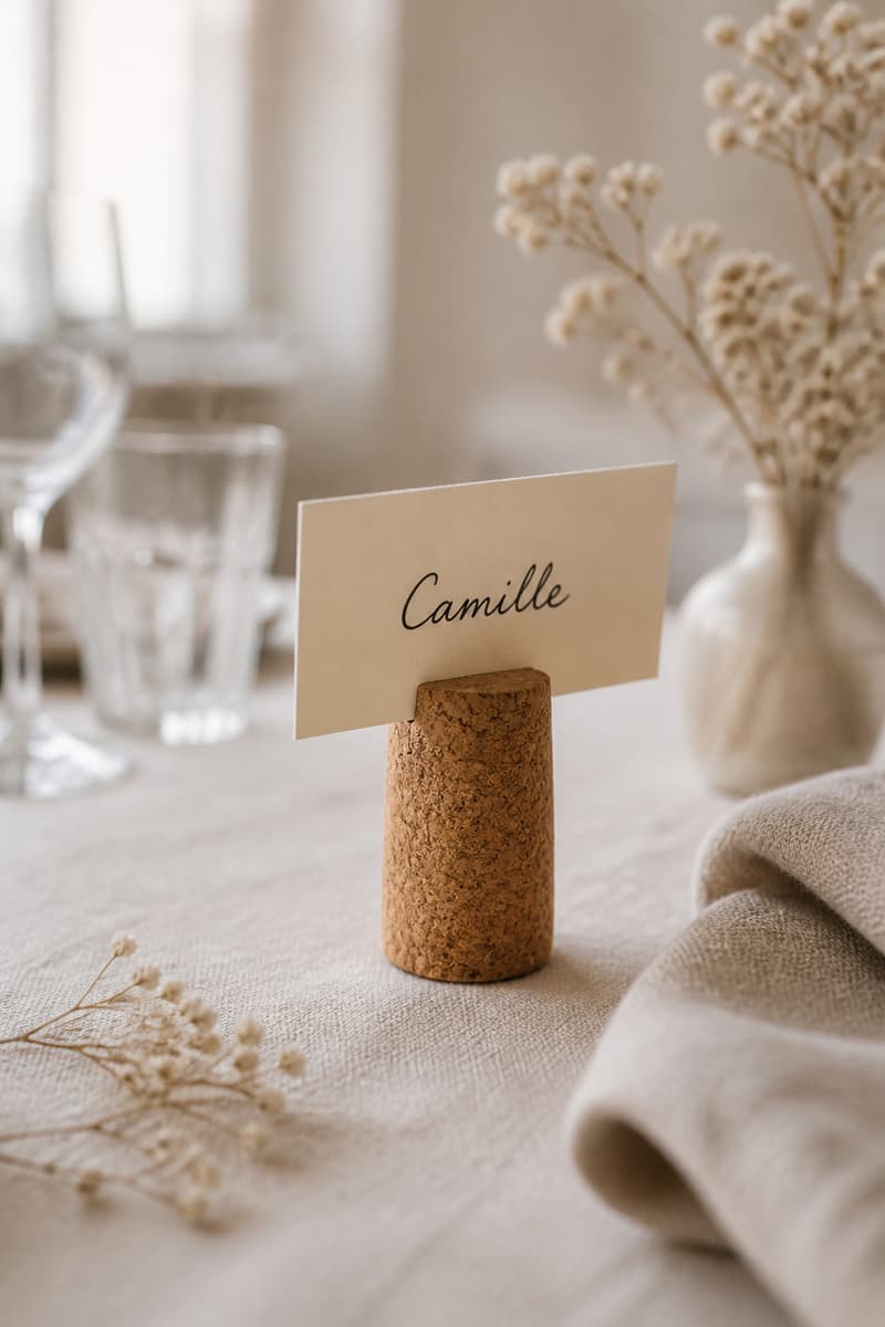 Bouchon de liège fendu tenant une petite carte nominative manuscrite sur une table de réception sobre.