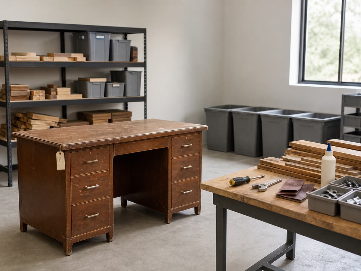 Un meuble de bureau usé isolé dans un espace de tri propre, avec des outils de réparation à proximité et des tas séparés de bois et de métal.