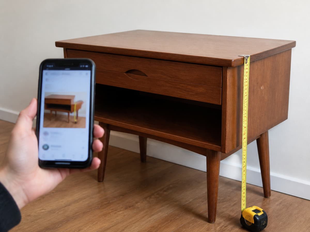 Un meuble propre avec un léger défaut visible, un smartphone prenant une photo et un mètre ruban posé à côté, sur fond neutre.