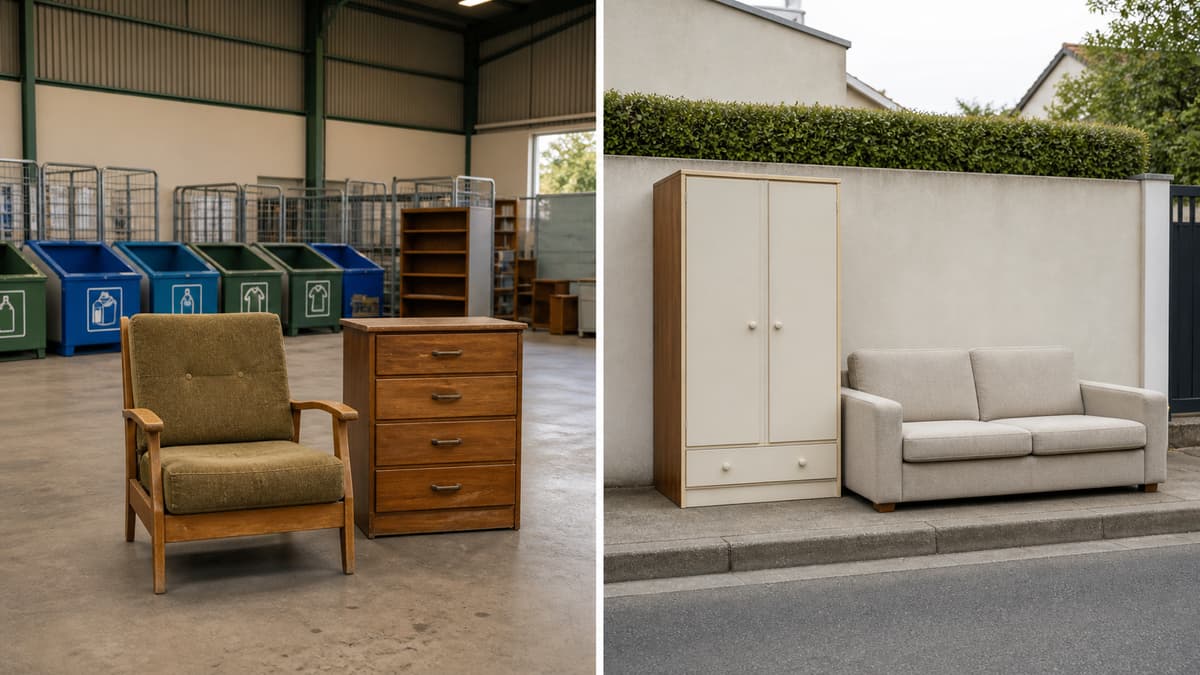 Diptyque comparatif montrant à gauche un meuble usagé déposé dans une zone de recyclerie propre, et à droite un meuble volumineux préparé sur un trottoir pour une collecte organisée.