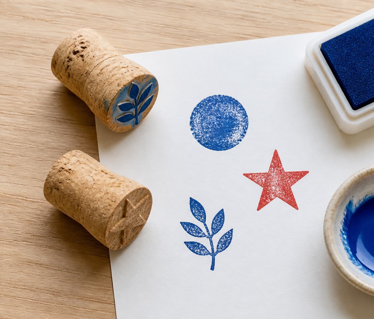 Deux bouchons de liège utilisés comme mini-tampons, posés à côté d'une feuille de papier blanc avec des motifs simples imprimés et une petite quantité d'encre bleue.