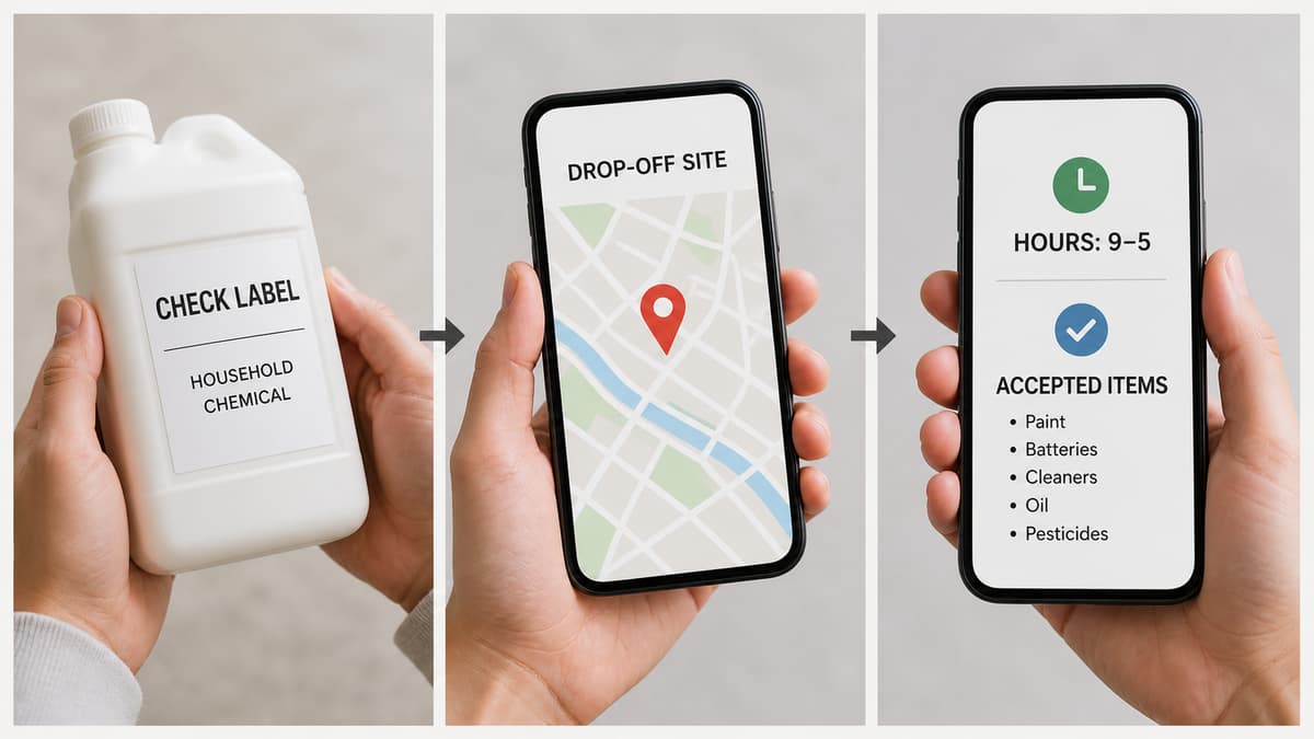 Triptyque horizontal montrant une personne examinant l'étiquette d'un contenant fermé, un smartphone affichant une carte générique, puis un écran présentant des horaires de dépôt, sur fond neutre.
