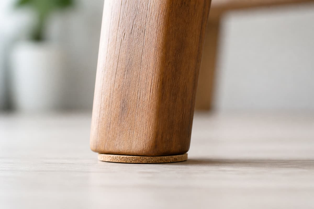 Pied de chaise en bois posé sur une fine rondelle de liège, sur un sol clair et propre.