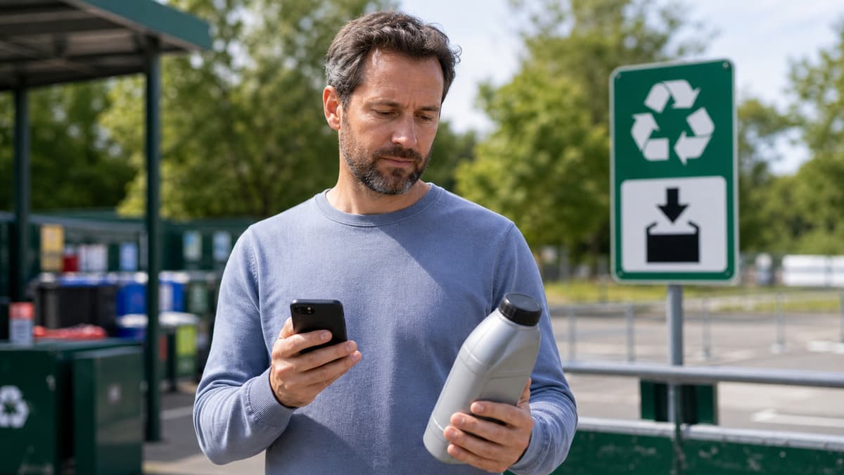 Une personne tient un contenant fermé et consulte une carte sur un smartphone devant un panneau indiquant un point de collecte.