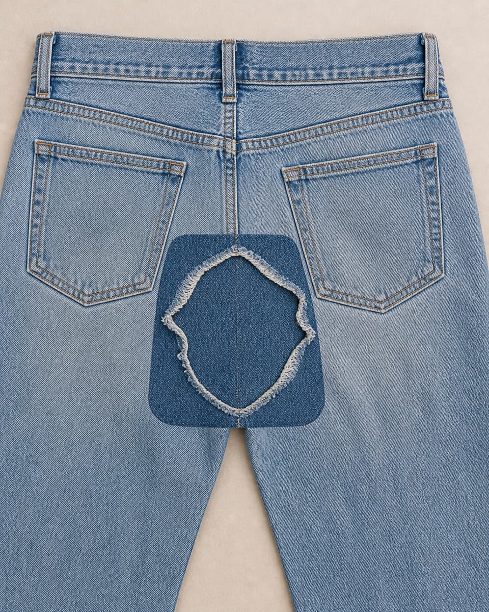 Envers d’un jean déchiré posé à plat, avec une pièce de denim aux angles arrondis positionnée derrière la déchirure et dépassant régulièrement tout autour.
