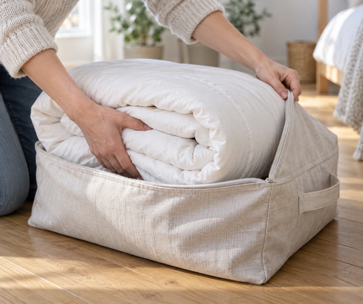 Mains pliant une couette propre et la glissant dans un sac de transport posé sur un sol dégagé.