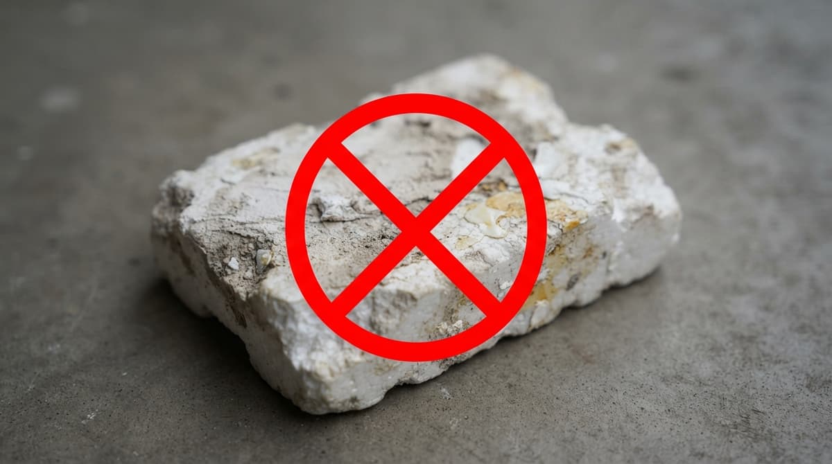 Morceau de polystyrène blanc taché de colle et de plâtre, avec un signe d'interdiction rouge, posé sur une surface grise.