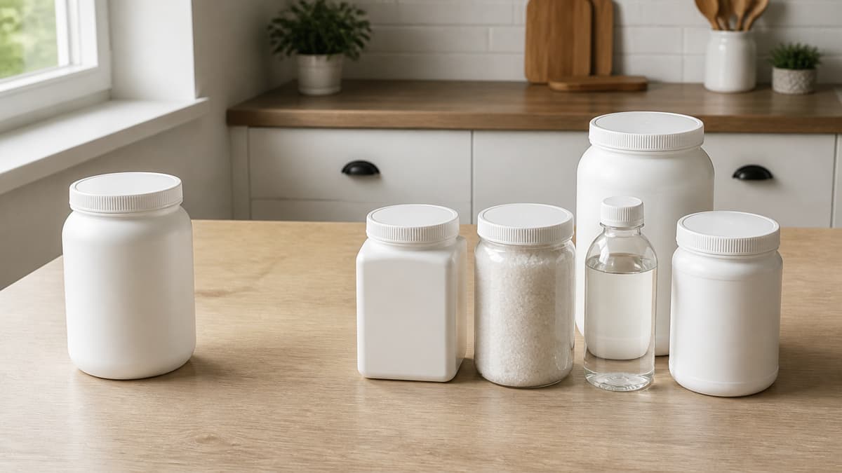 Six récipients neutres posés sur un plan de travail, avec un contenant de sel régénérant seul à gauche et cinq contenants de bicarbonate, gros sel, vinaigre blanc, cristaux de soude et percarbonate regroupés à droite.