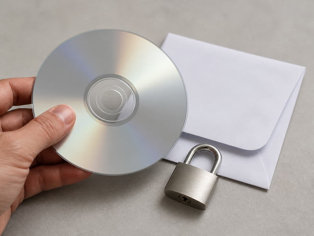 Gros plan d’un disque optique générique, d’une pochette neutre et d’un cadenas fermé posés sur un fond discret.
