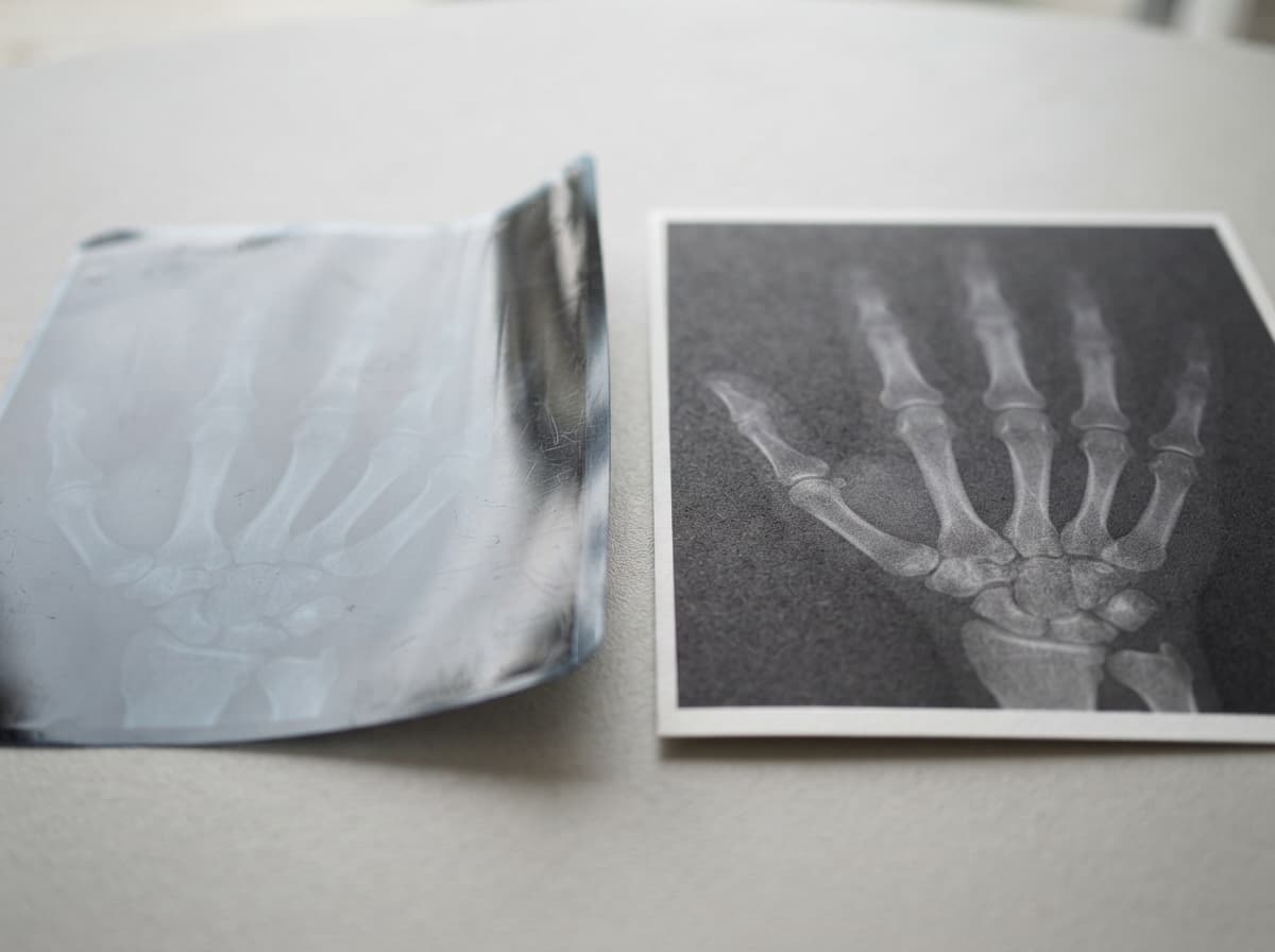Deux radiographies posées côte à côte sur une table : à gauche un film souple et brillant grisâtre, à droite un tirage mat sur papier plus rigide.
