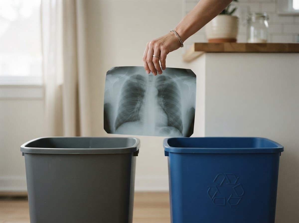 Une main tient une radiographie souple au-dessus d'une poubelle ménagère et d'un bac de tri, le geste suspendu.
