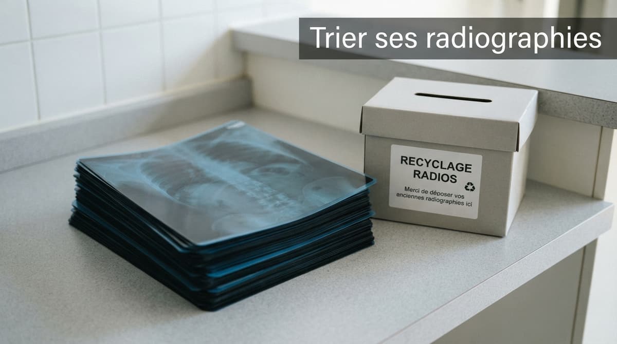 Pile de radiographies souples posée sur une surface claire à côté d’une boîte de collecte fermée portant un symbole de recyclage discret, avec le texte « Trier ses radiographies » en surimpression.