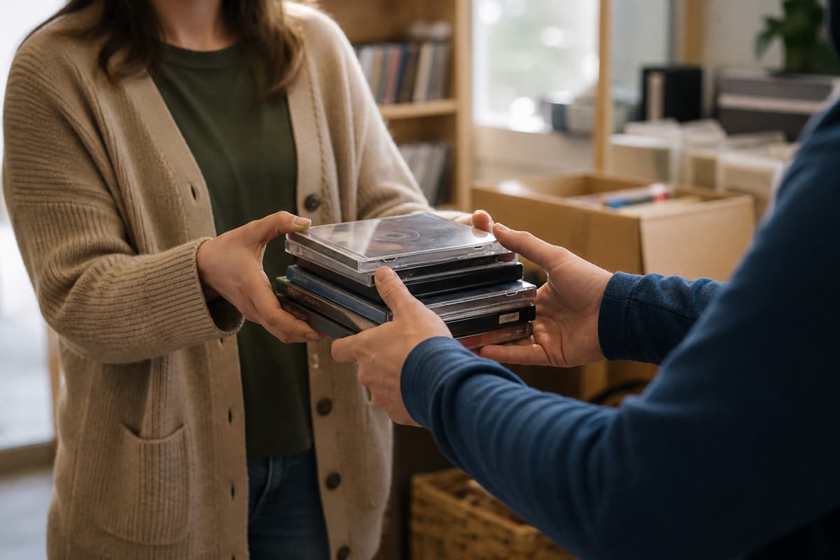 Deux personnes dont on voit principalement les mains se transmettent une petite pile de boîtiers de CD et DVD propres et complets dans un espace de réemploi discret.