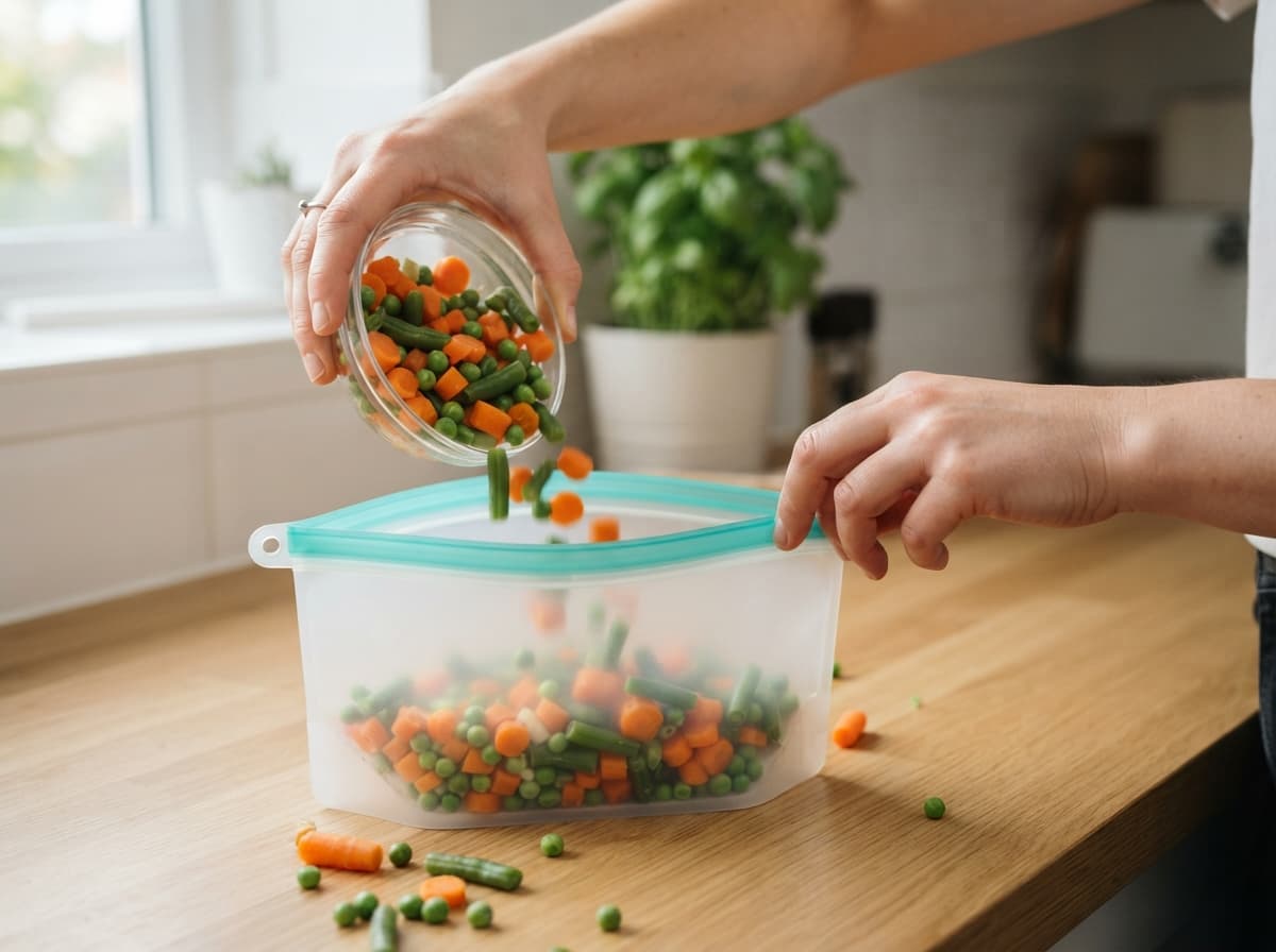 Une main verse des légumes dans un sac de congélation réutilisable ouvert posé à plat, tandis qu'une autre main s'apprête à fermer la glissière, sur un plan de travail propre.