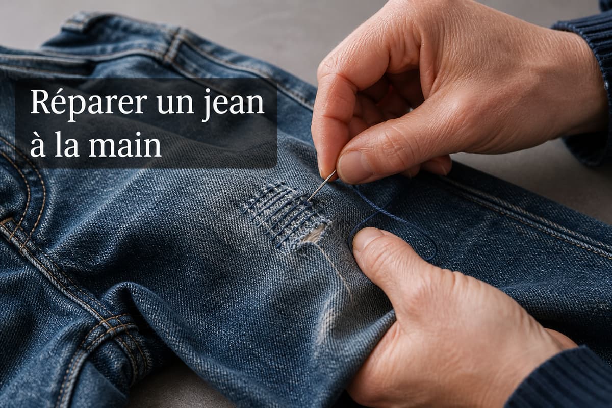 Vue rapprochée d'un jean en denim posé à plat, avec une réparation cousue visible près du genou et des mains tenant une aiguille et du fil, surmontée du texte 'Réparer un jean à la main'.