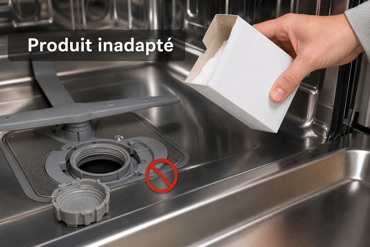 Réservoir de sel ouvert dans un lave-vaisselle avec un paquet de bicarbonate écarté et un signe d'interdiction sobre, texte « Produit inadapté » visible.