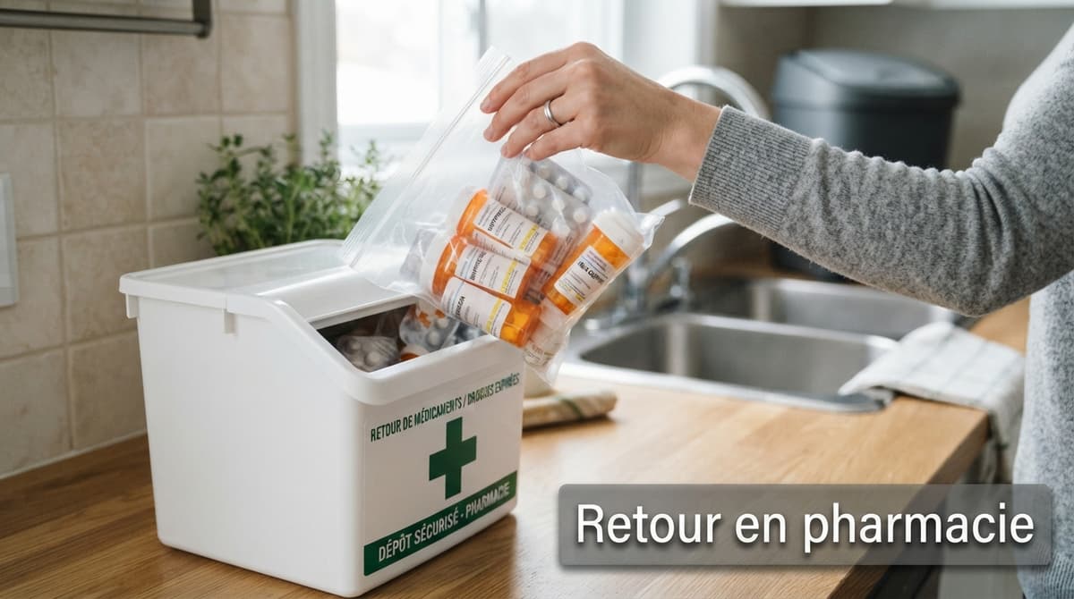 Une main dépose un sachet de médicaments périmés dans un bac de collecte de pharmacie posé sur un plan de travail, avec une poubelle et un évier flous à l'arrière-plan, et le texte 'Retour en pharmacie' affiché en surimpression.