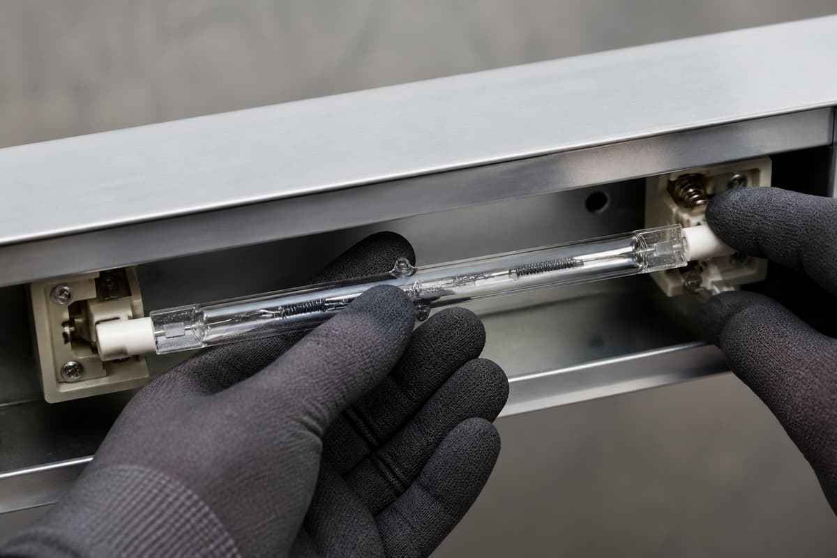 Main gantée soutenant une ampoule halogène linéaire intacte tandis qu'une autre main la pousse doucement vers une douille à ressort, avec cache retiré et douille fixe visible.