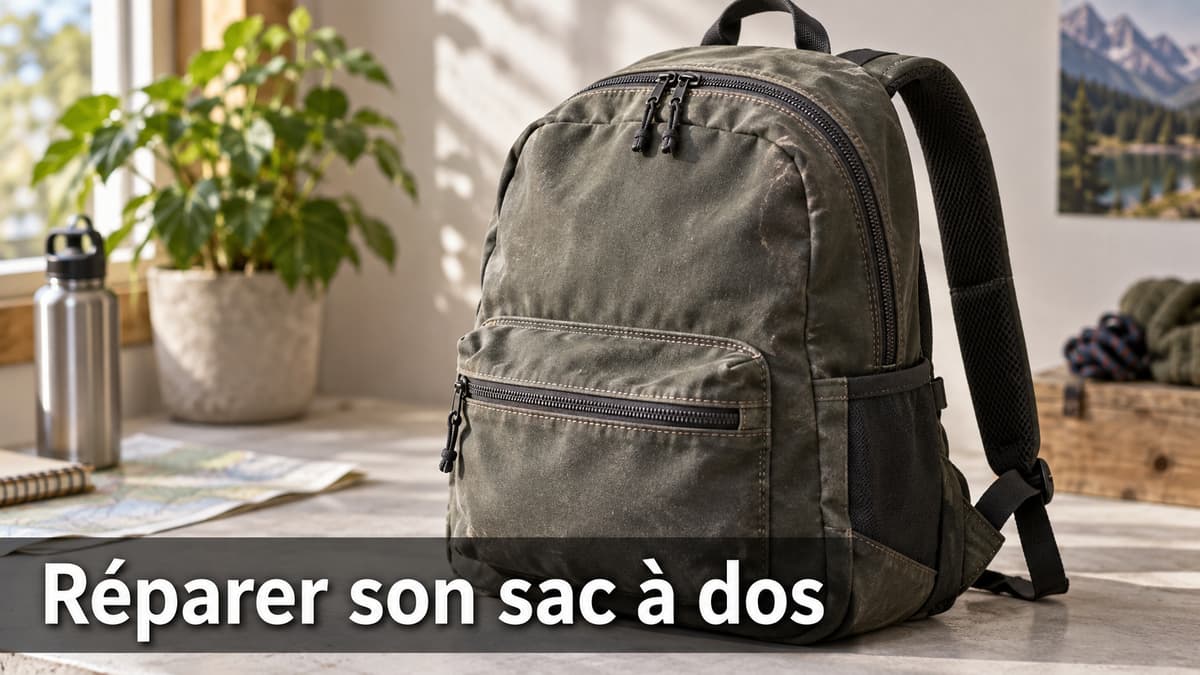 Sac à dos propre et fonctionnel posé sur une surface claire, fermeture éclair fermée, bretelle bien cousue, avec le texte « Réparer son sac à dos » affiché en bas.