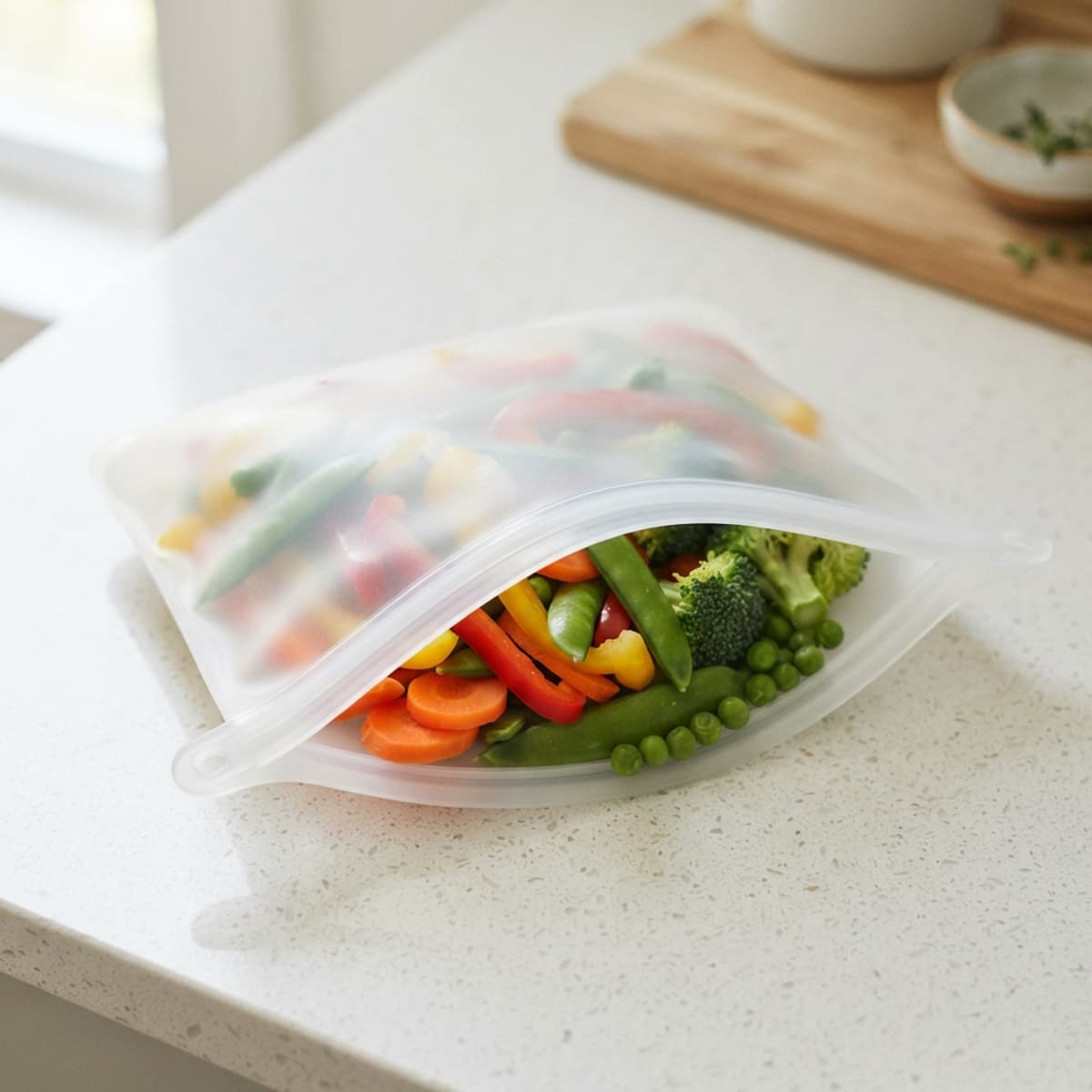Sac en silicone semi-transparent avec large fermeture à glissière, contenant des légumes colorés visibles à travers, posé sur un plan de travail clair.