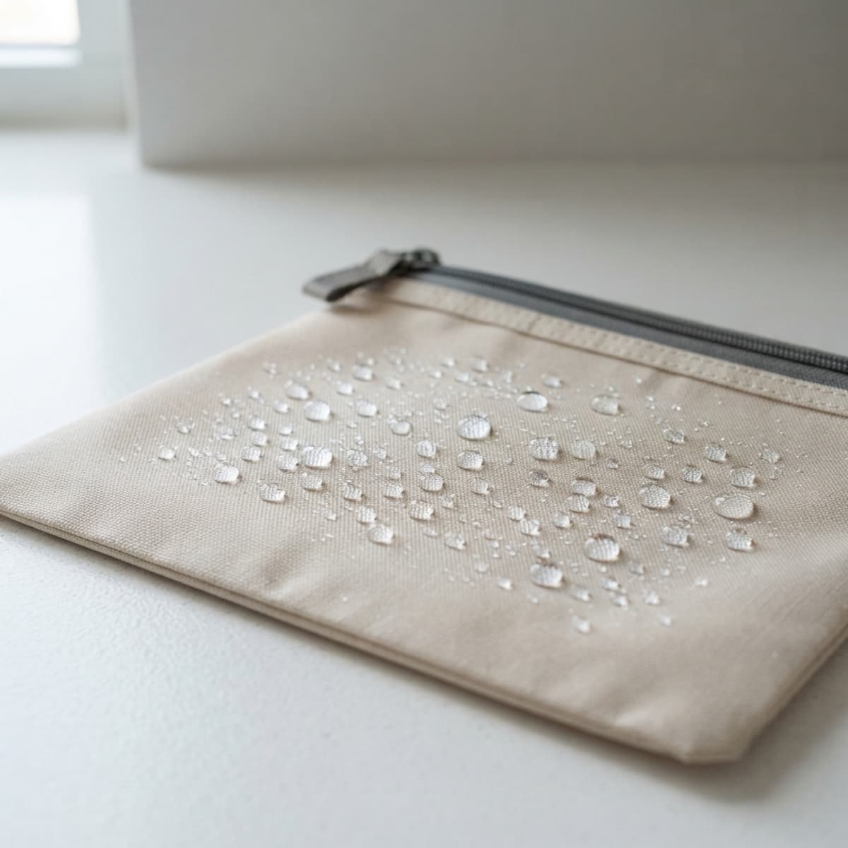 Gros plan d'un sac en tissu alimentaire avec des gouttelettes d'eau perlant sur la surface sèche et une fermeture hermétique visible.