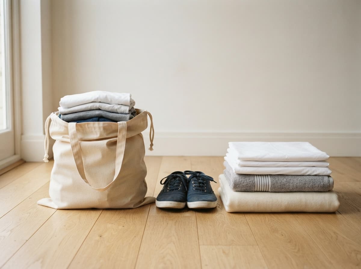 Sac de vêtements fermé posé au sol à côté de chaussures aux lacets noués et de linge de maison plié, le tout sur un fond neutre.