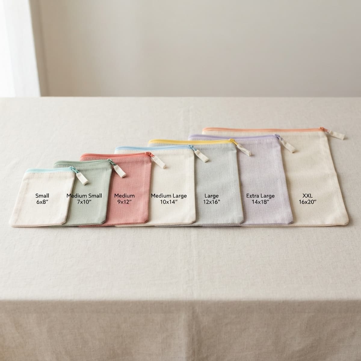 Plusieurs sacs en tissu de tailles différentes alignés du plus petit au plus grand, avec fermetures alignées, sur un fond neutre.