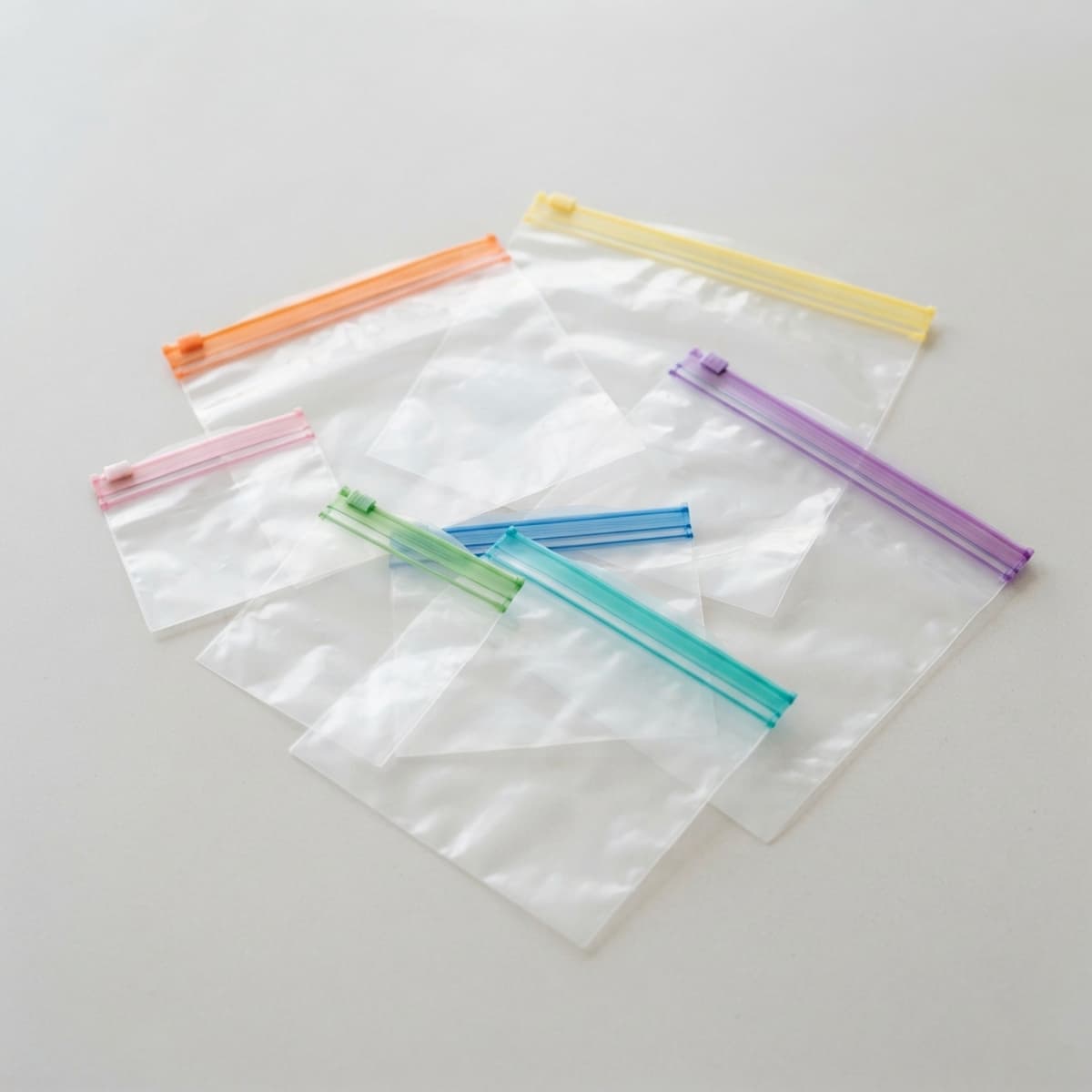 Plusieurs sacs en plastique transparent avec fermeture à glissière colorée, disposés en éventail sur une surface claire et neutre.