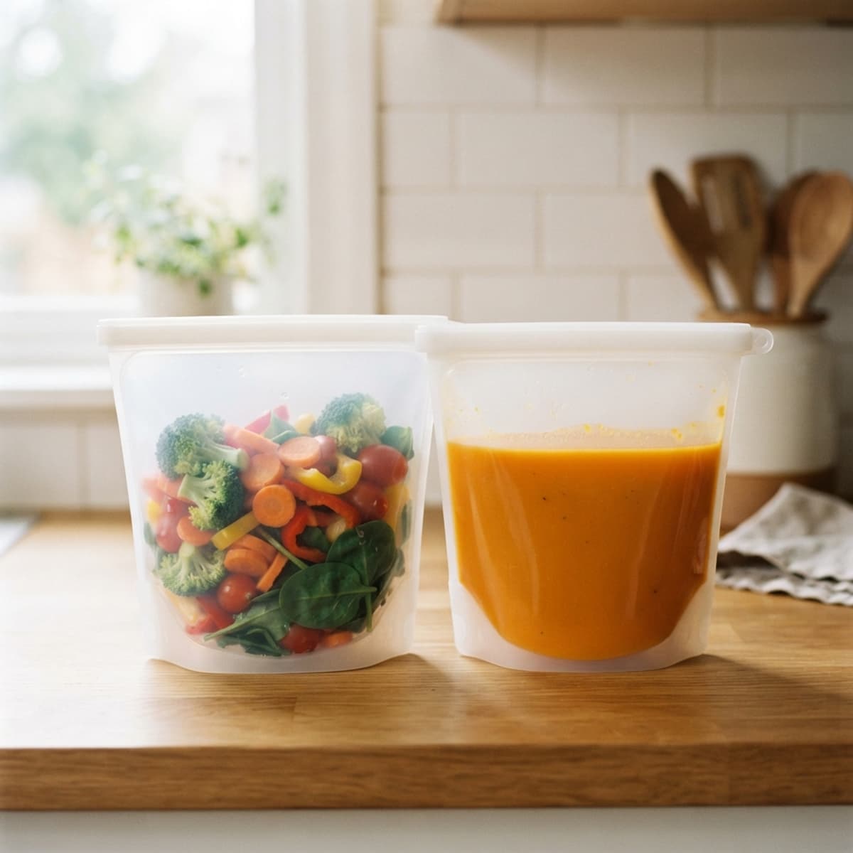 Deux sacs en silicone transparents et épais remplis d'aliments solides et de liquide, posés à la verticale sur un plan de travail.