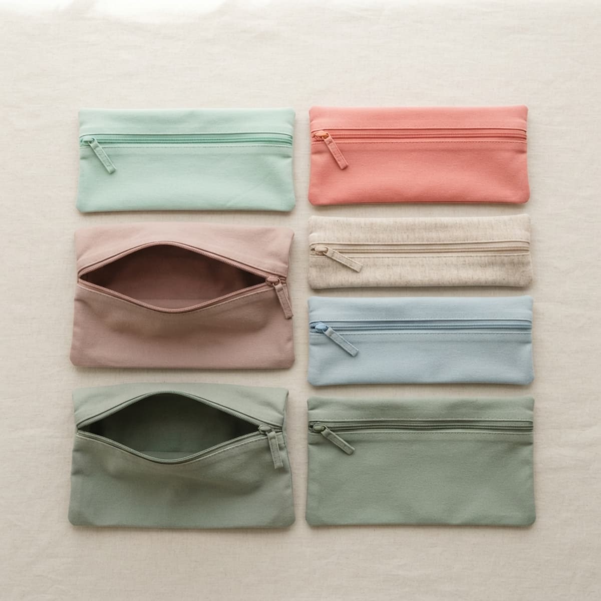 Plusieurs sacs en tissu réutilisables de différentes couleurs, avec fermeture à glissière, posés à plat sur une surface claire.