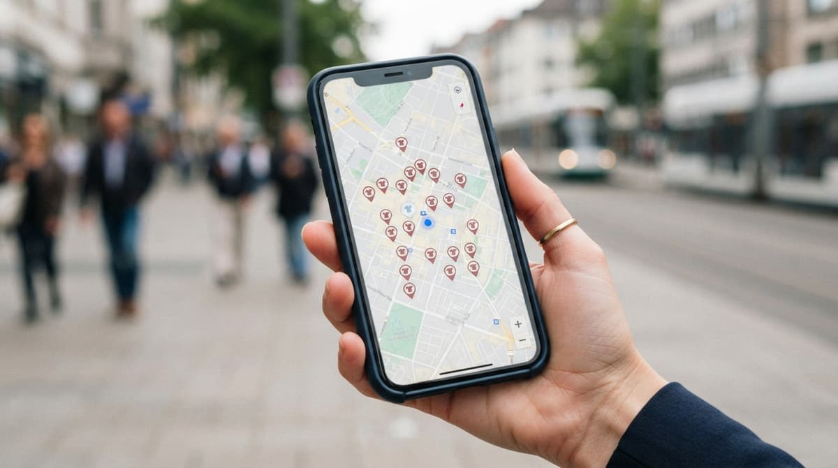 Main tenant un smartphone affichant une carte avec des épingles de localisation de points de collecte de vêtements, arrière-plan urbain flou.