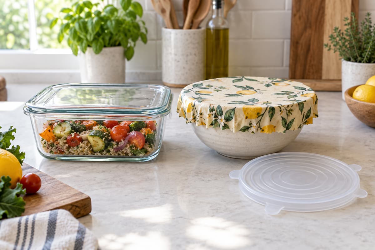 Plan de travail de cuisine lumineux avec un bol couvert d'un bee wrap, une boîte en verre fermée et un couvercle en silicone posé à côté.