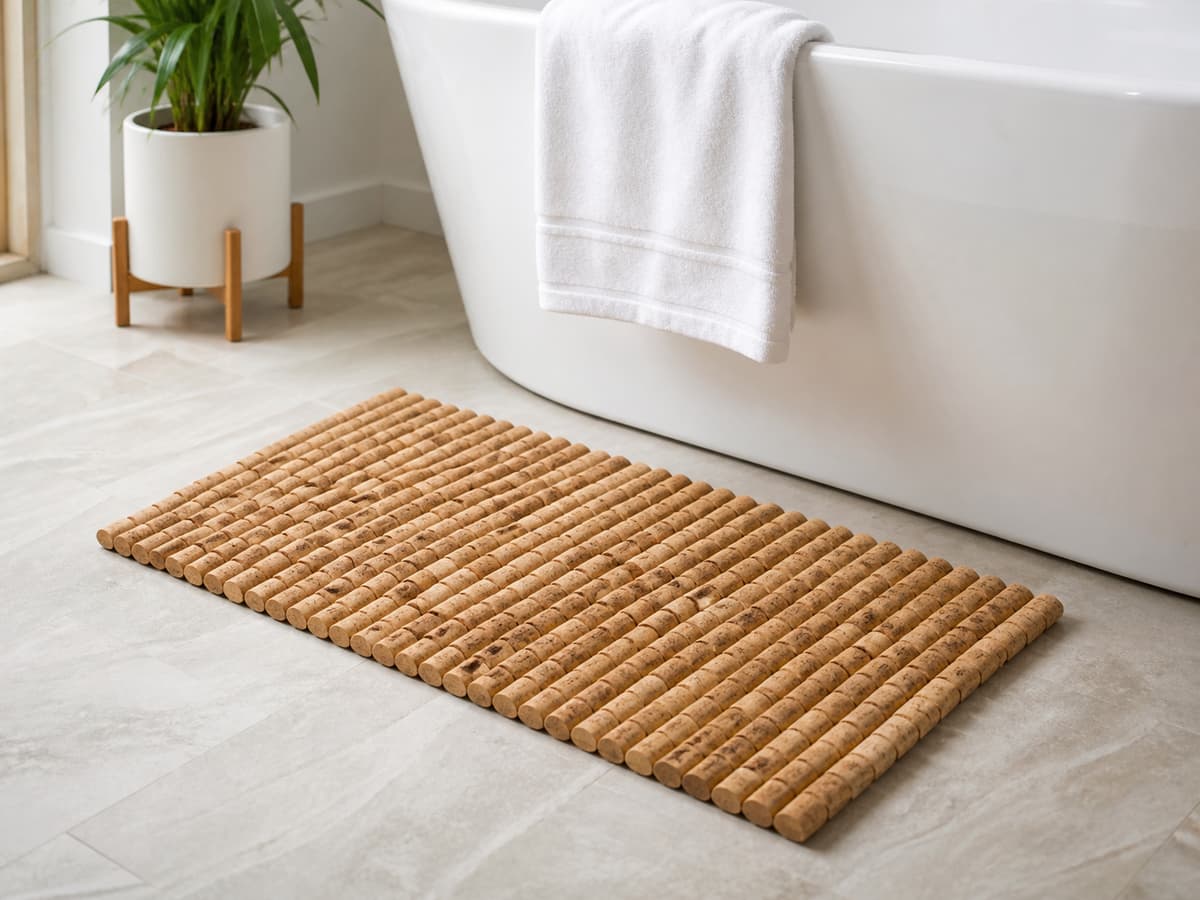 Tapis de bain rectangulaire composé de demi-bouchons de liège posé sur un sol clair à côté d'une baignoire blanche dans une salle de bains lumineuse.