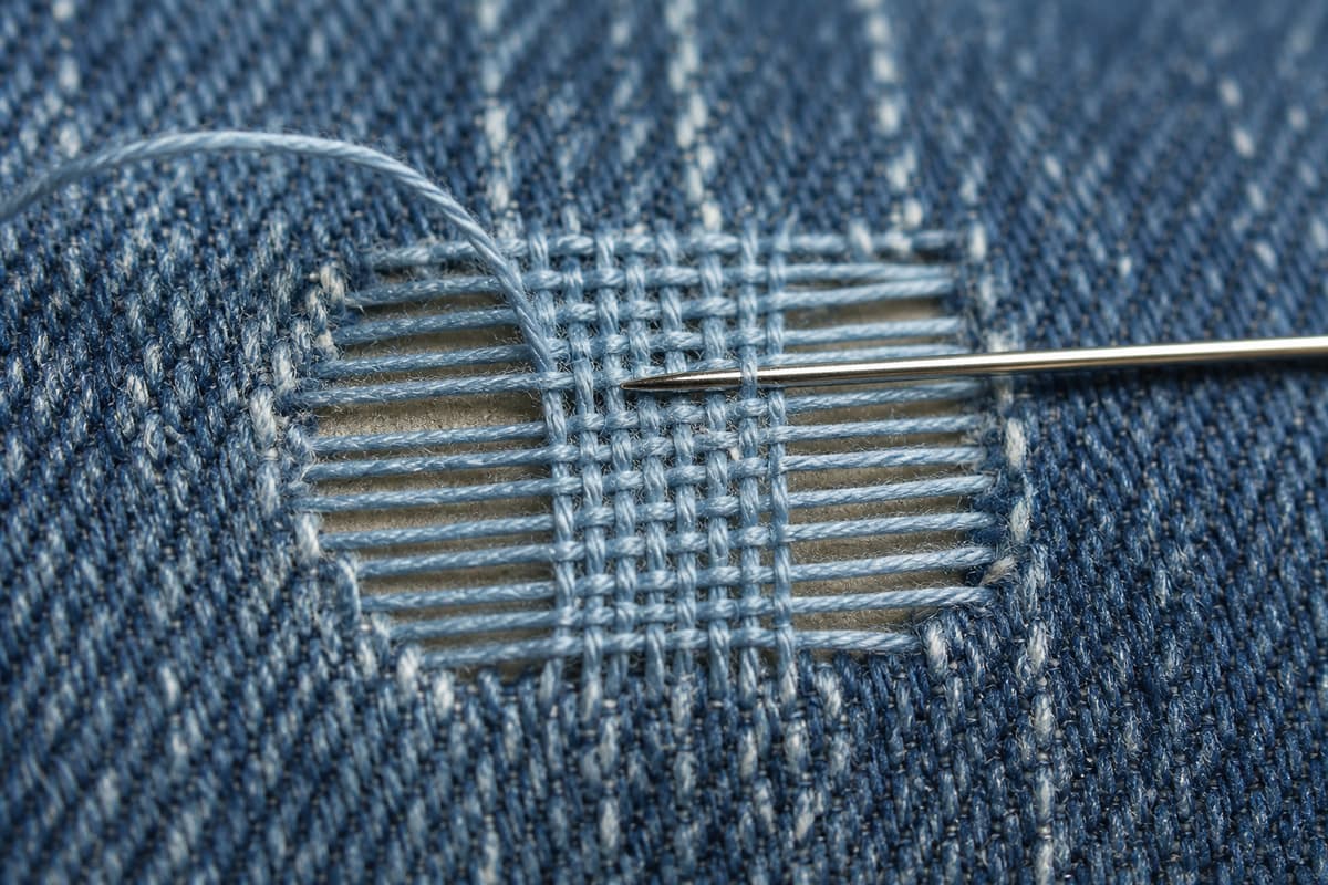 Gros plan sur l’envers d’un jean en denim présentant un petit trou en cours de stoppage, avec des fils parallèles horizontaux et une aiguille passant alternativement au-dessus et au-dessous pour former le tissage perpendiculaire.