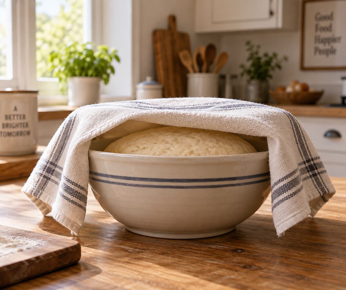 Un torchon en coton propre posé sur un grand bol contenant de la pâte levée, dans une cuisine chaleureuse.
