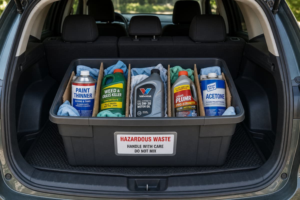 Plusieurs contenants fermés avec étiquettes visibles sont calés et séparés dans un bac rigide placé dans le coffre propre d'une voiture.