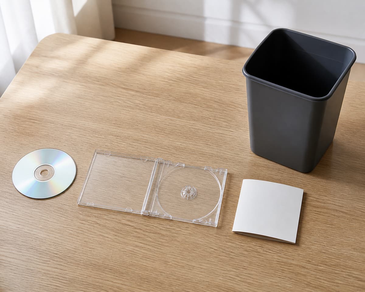 Vue de dessus d’un CD, d’un boîtier transparent ouvert, d’un livret papier et d’une poubelle ménagère sombre disposés séparément sur une surface claire.