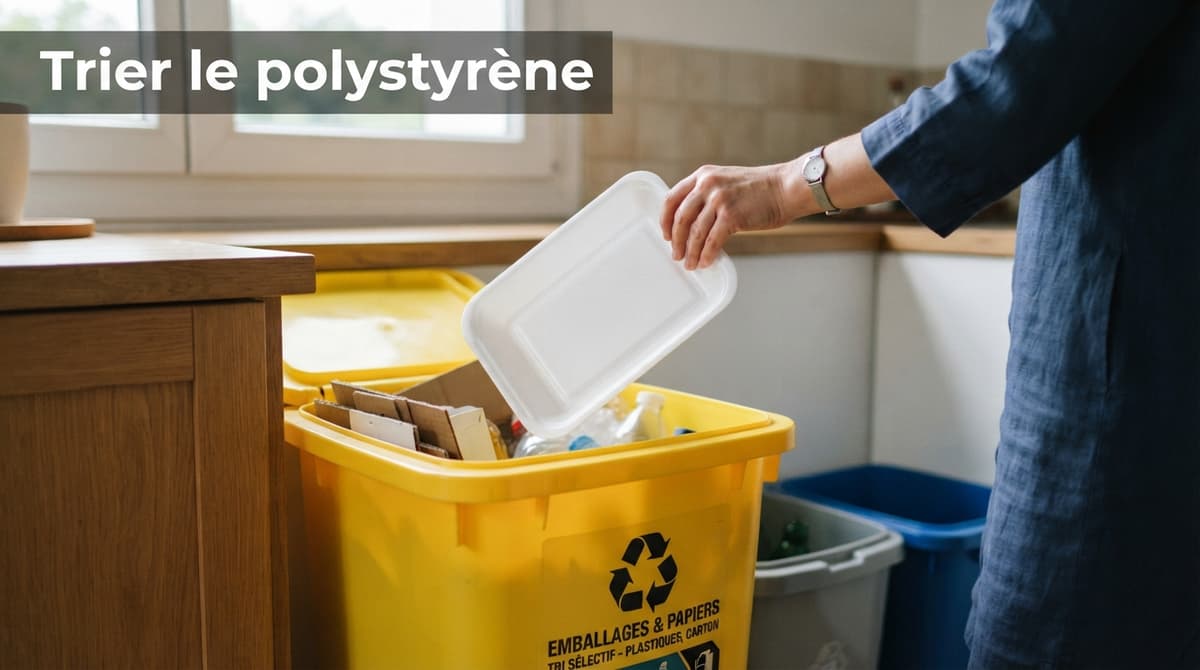 Une barquette en polystyrène blanc est déposée dans un bac de tri jaune, avec le texte « Trier le polystyrène » affiché.
