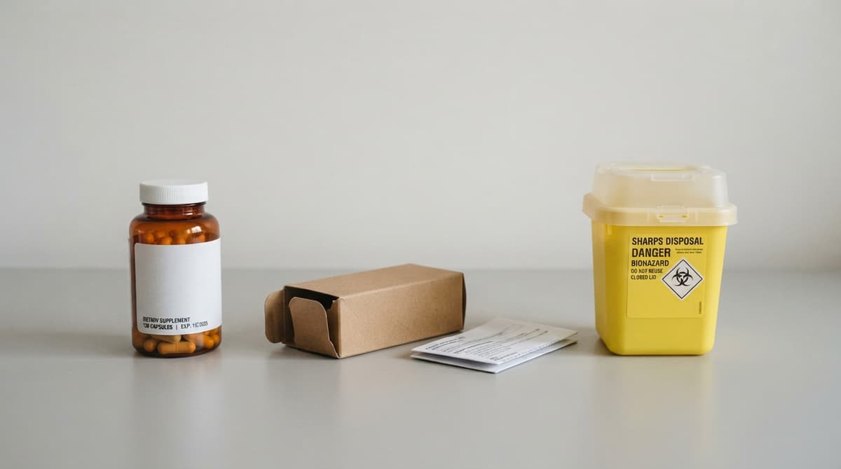 Trois objets posés côte à côte sur une surface neutre : un flacon de compléments alimentaires, une boîte en carton vide avec sa notice et un conteneur de collecte d'aiguilles usagées.