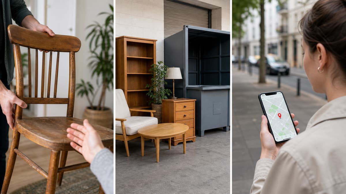 Un meuble d’occasion avec une main qui le propose, un point de collecte solidaire avec des meubles déposés et une personne consultant une carte sur smartphone, séparés en trois zones distinctes.